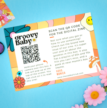 Groovy Baby" graphic paper with instructions to scan QR code and access online zine - perfect for vintage and retro enthusiasts looking for unique content - The Oddball Club